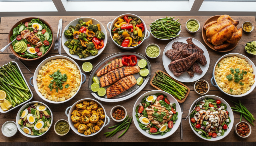 Variety of colorful keto meals displayed together