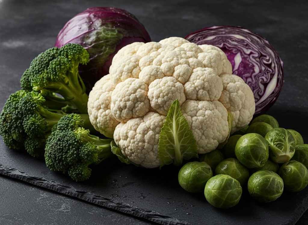 Variety of cruciferous vegetables including broccoli, cauliflower, and Brussels sprouts