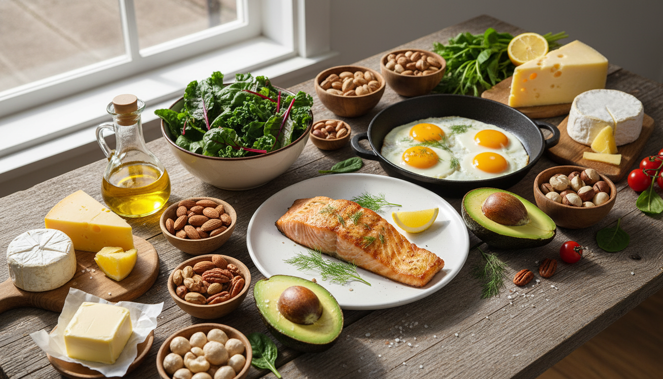 Variety of keto-friendly foods arranged on a wooden table including avocados, salmon, eggs, leafy greens, nuts, and healthy oils