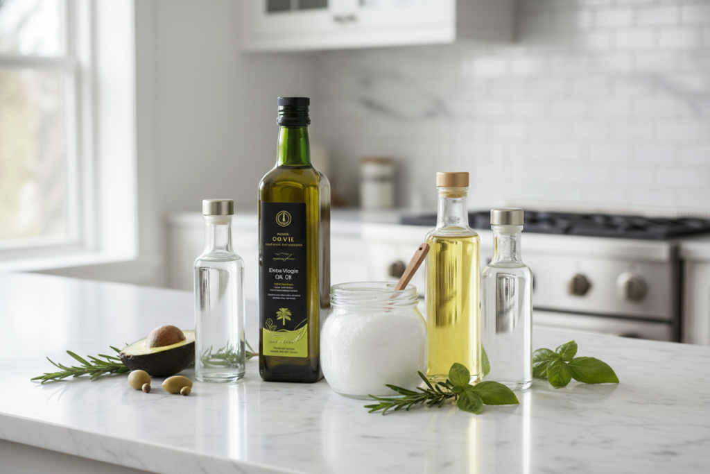 Various bottles of healthy oils including olive oil, coconut oil, and avocado oil