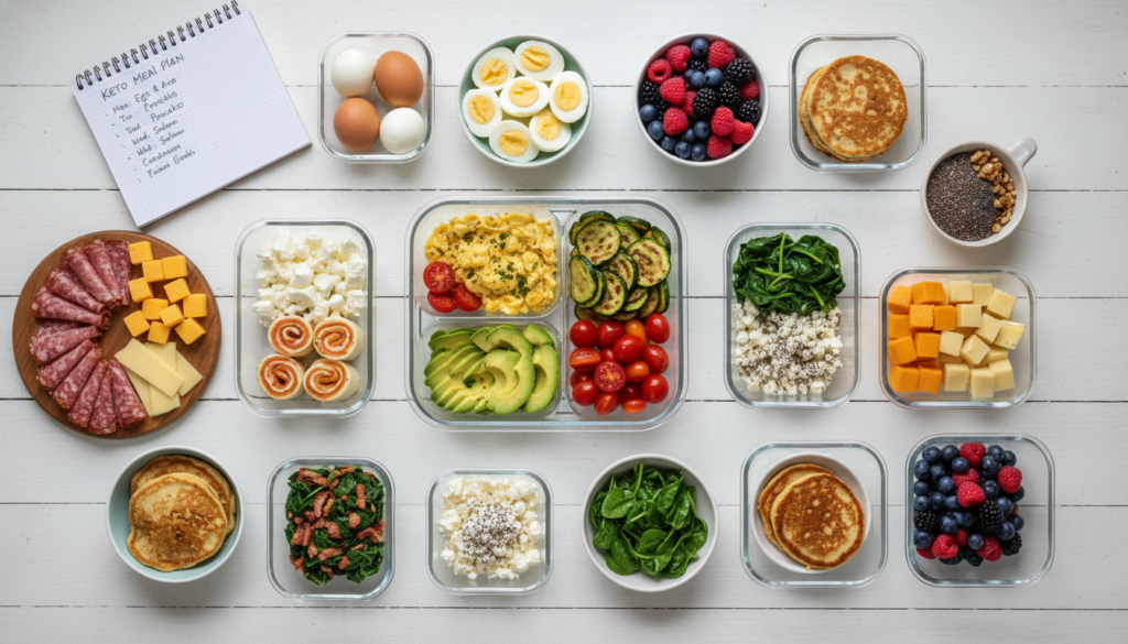 Various keto breakfast dishes arranged on a table for meal planning