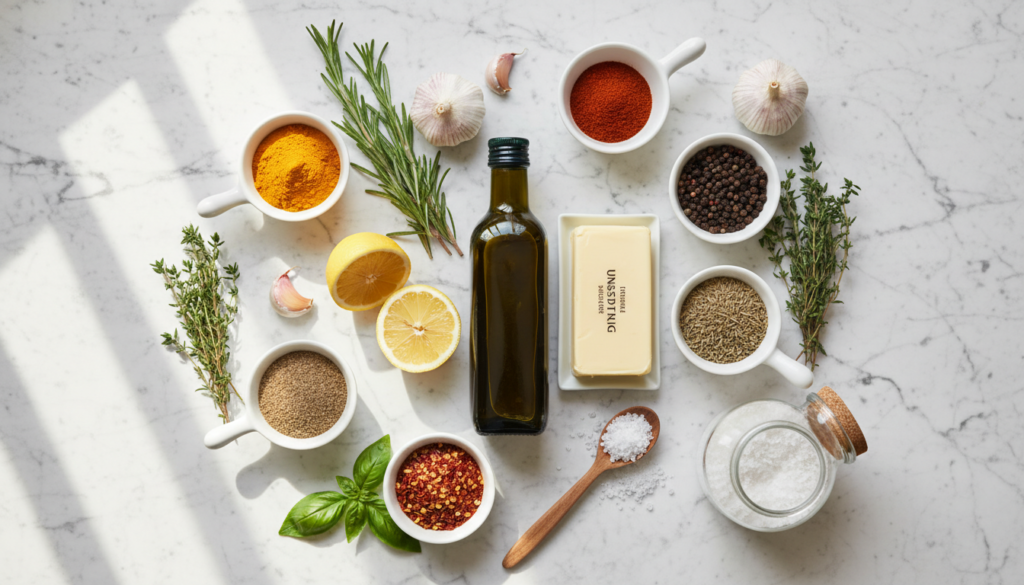 Various keto cooking ingredients and spices arranged beautifully