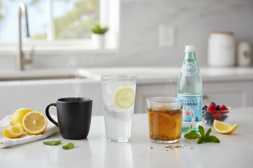 Various keto-friendly beverages including water, coffee, and tea