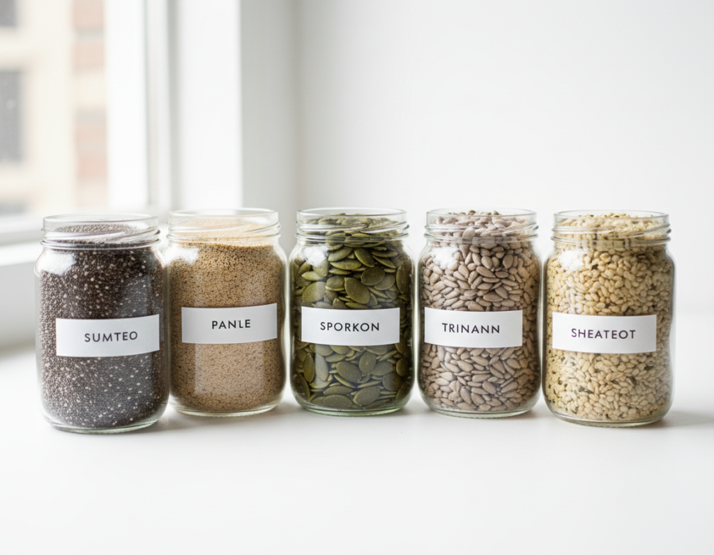 Various seeds including chia, flax, and pumpkin seeds in glass jars