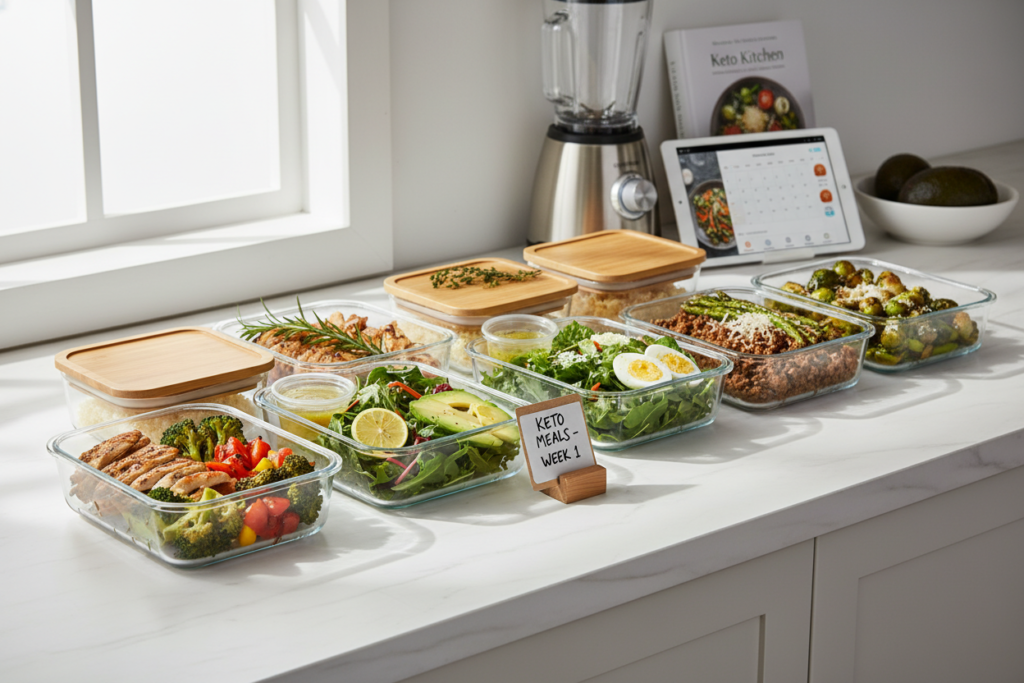 Weekly keto meal prep containers with organized portions of proteins and vegetables