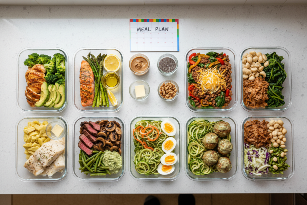 Weekly meal prep containers with keto meals