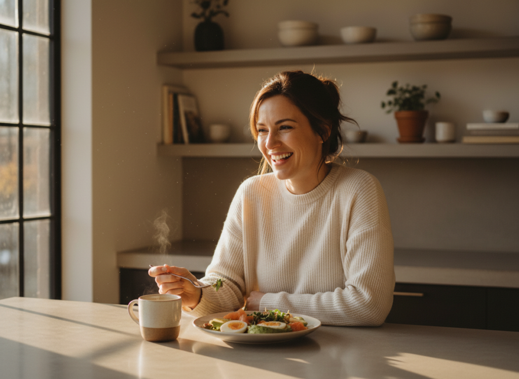 Woman enjoying a healthy keto breakfast at a kitchen counter with morning sunlight