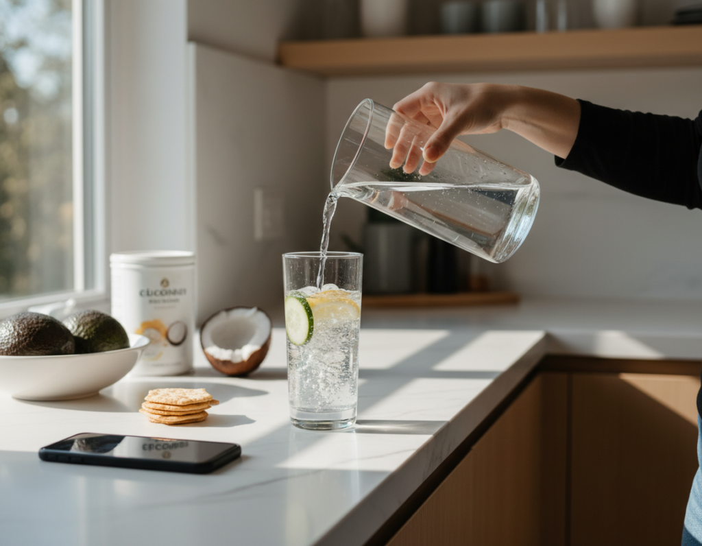 Woman pouring water into a glass, staying hydrated on keto