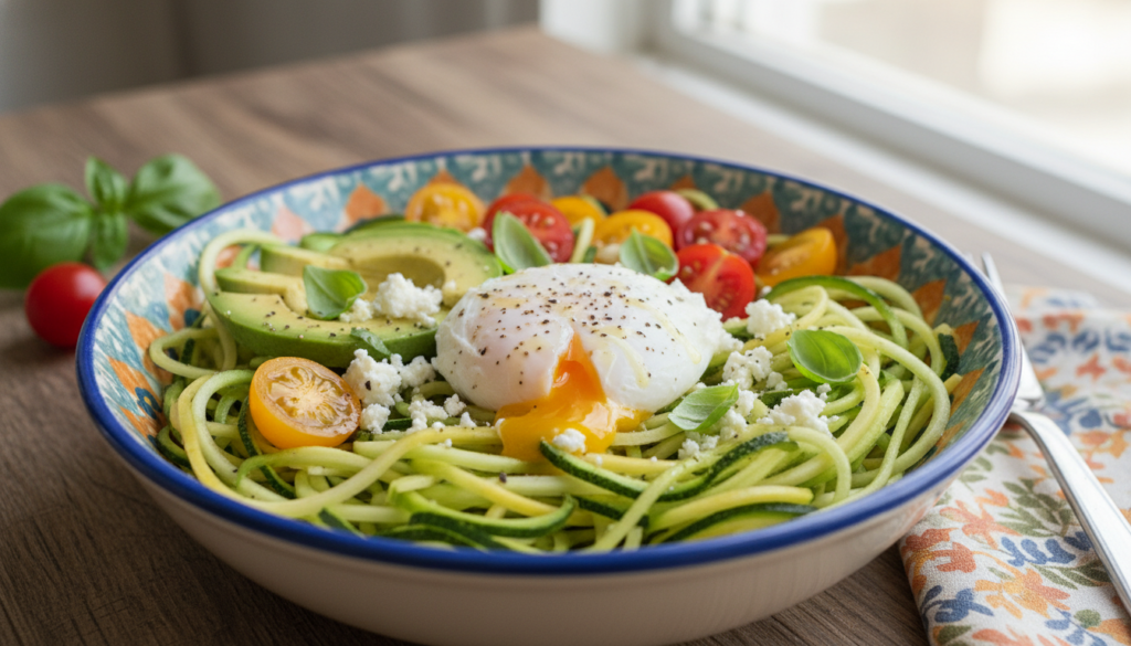 Zucchini noodle breakfast bowl with eggs and vegetables