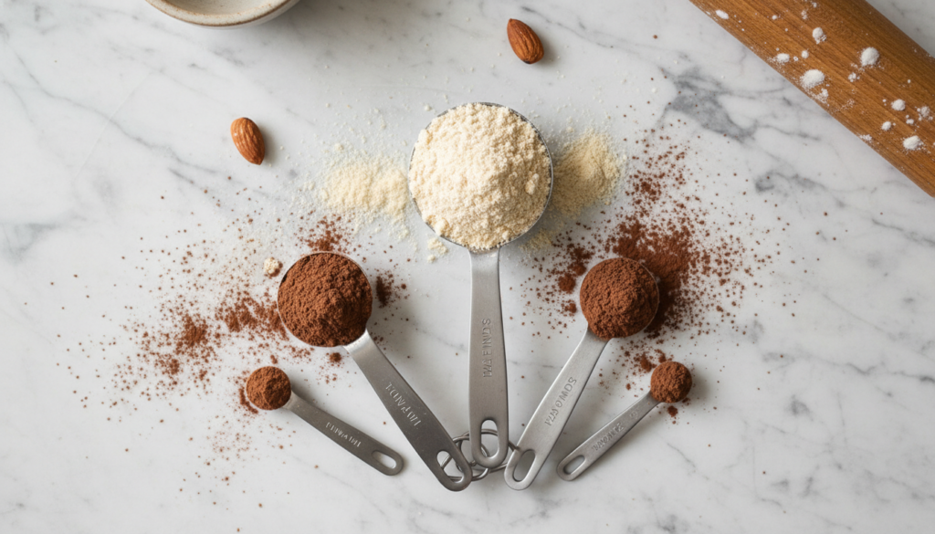 almond flour and cocoa powder in measuring spoons