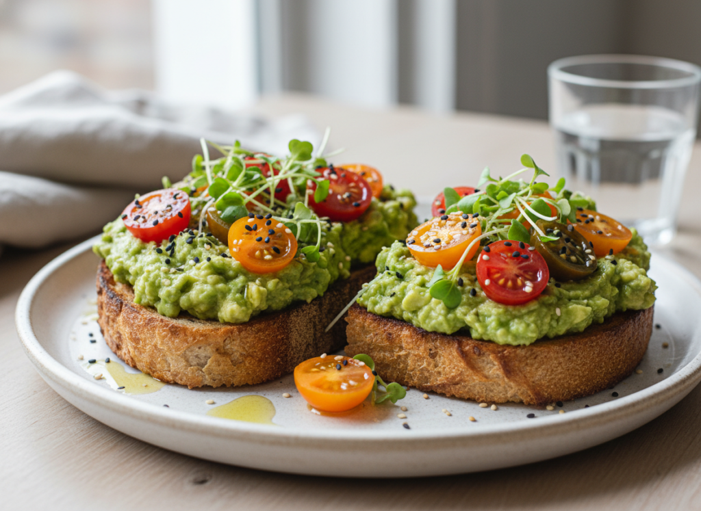 artisan sourdough toast topped with mashed avocado, cherry tomatoes, microgreens, and sesame seeds artisan sourdough toast topped with mashed avocado, cherry tomatoes, microgreens, and sesame seeds