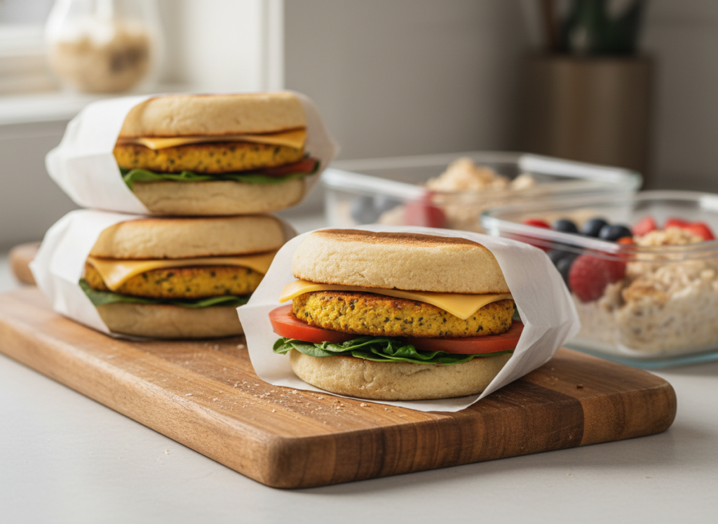 assembled breakfast sandwich with English muffin, tofu patty, and vegetables wrapped for freezing assembled breakfast sandwich with English muffin, tofu patty, and vegetables wrapped for freezing