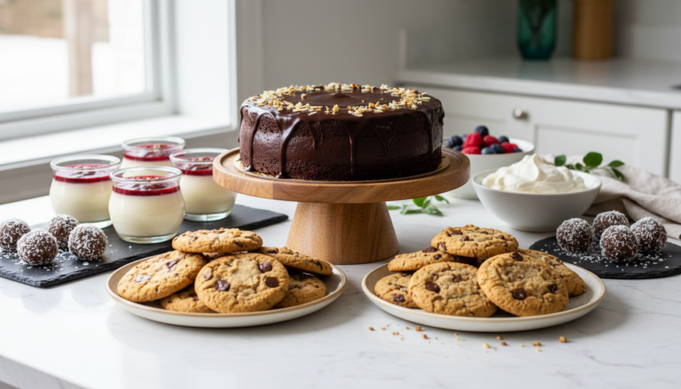 assorted keto dessert recipes displayed on marble counter