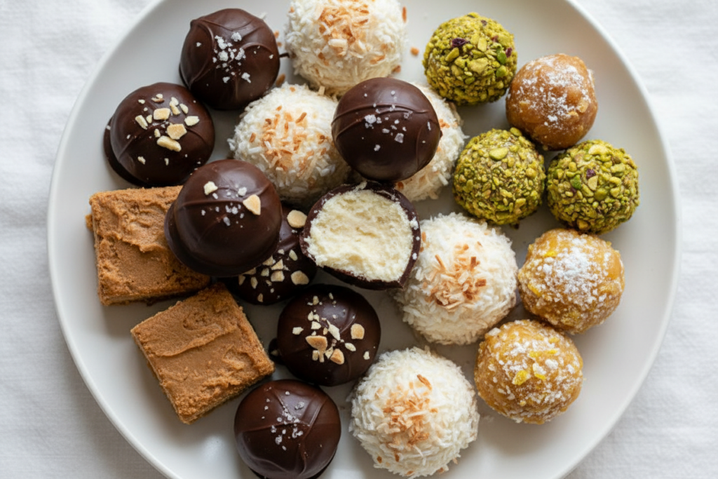 assorted keto fat bombs on plate assorted keto fat bombs on plate