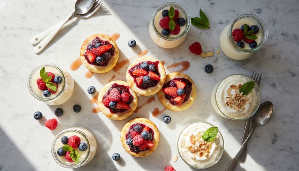 assortment of creamy keto desserts including cheesecake, panna cotta, and mousse