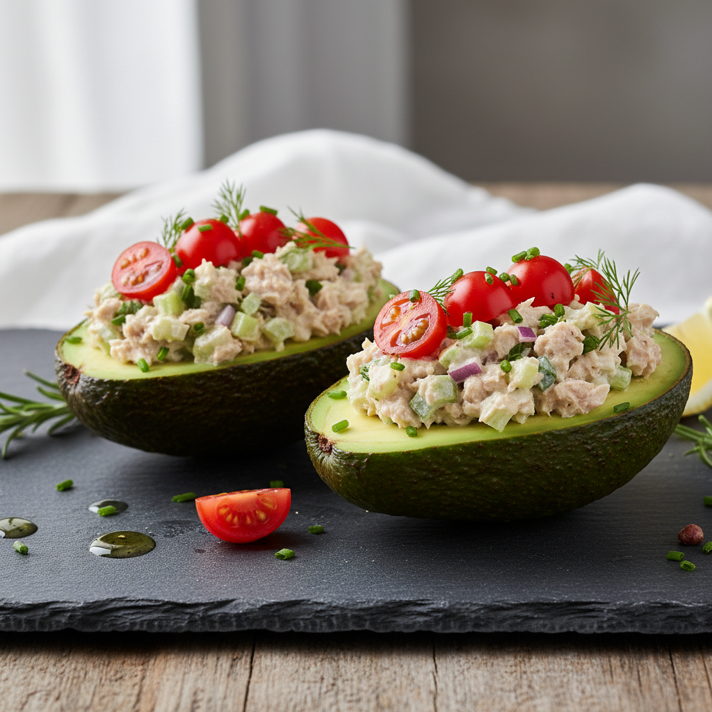 avocado halves filled with tuna salad and topped with cherry tomatoes