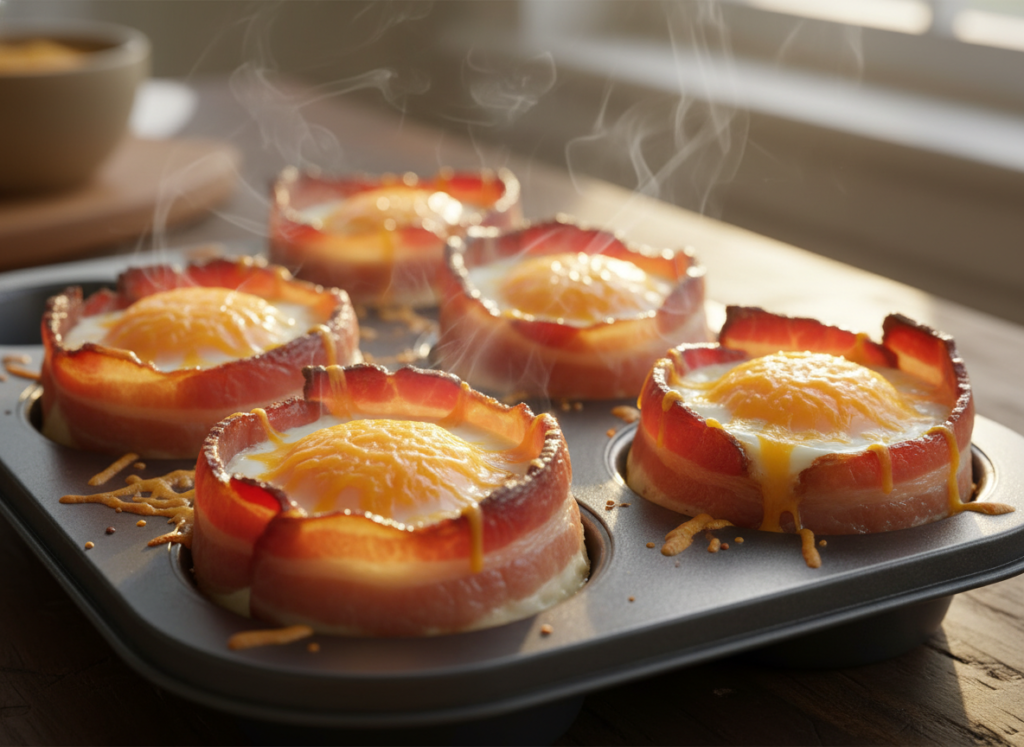 bacon and egg cups with melted cheddar cheese in a muffin tin