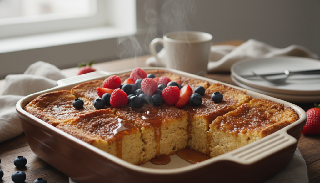 baked French toast casserole with cinnamon and maple syrup in a baking dish baked French toast casserole with cinnamon and maple syrup in a baking dish