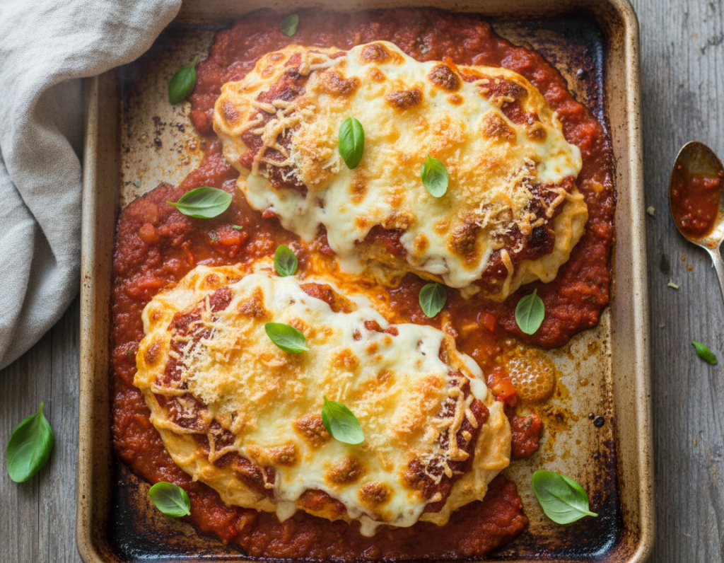 baked keto chicken parmesan topped with melted mozzarella and marinara sauce baked keto chicken parmesan topped with melted mozzarella and marinara sauce