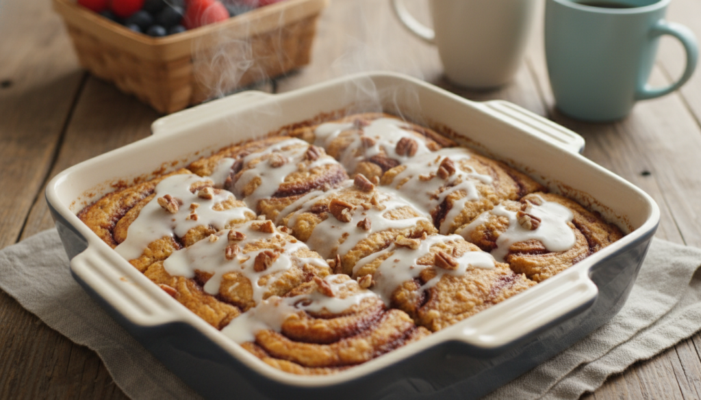 baked oatmeal squares with cinnamon swirl and vanilla glaze in a baking dish baked oatmeal squares with cinnamon swirl and vanilla glaze in a baking dish