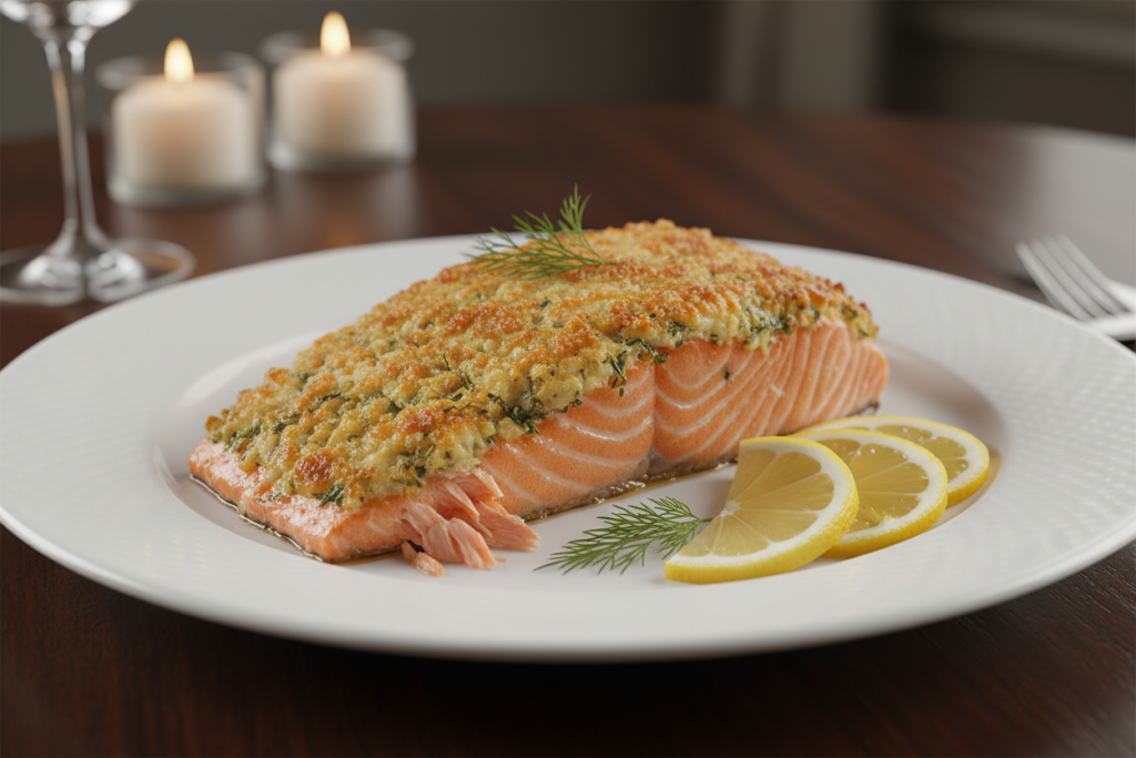 baked salmon fillet with herb crust and lemon slices