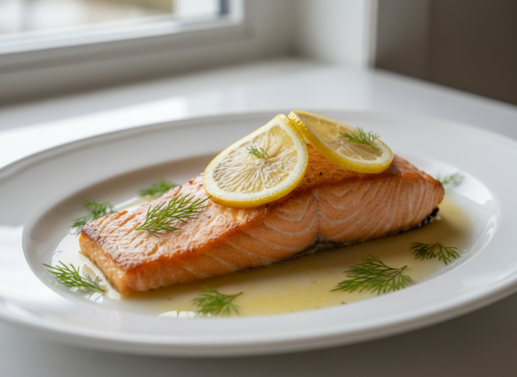 baked salmon fillet with lemon slices and melted butter