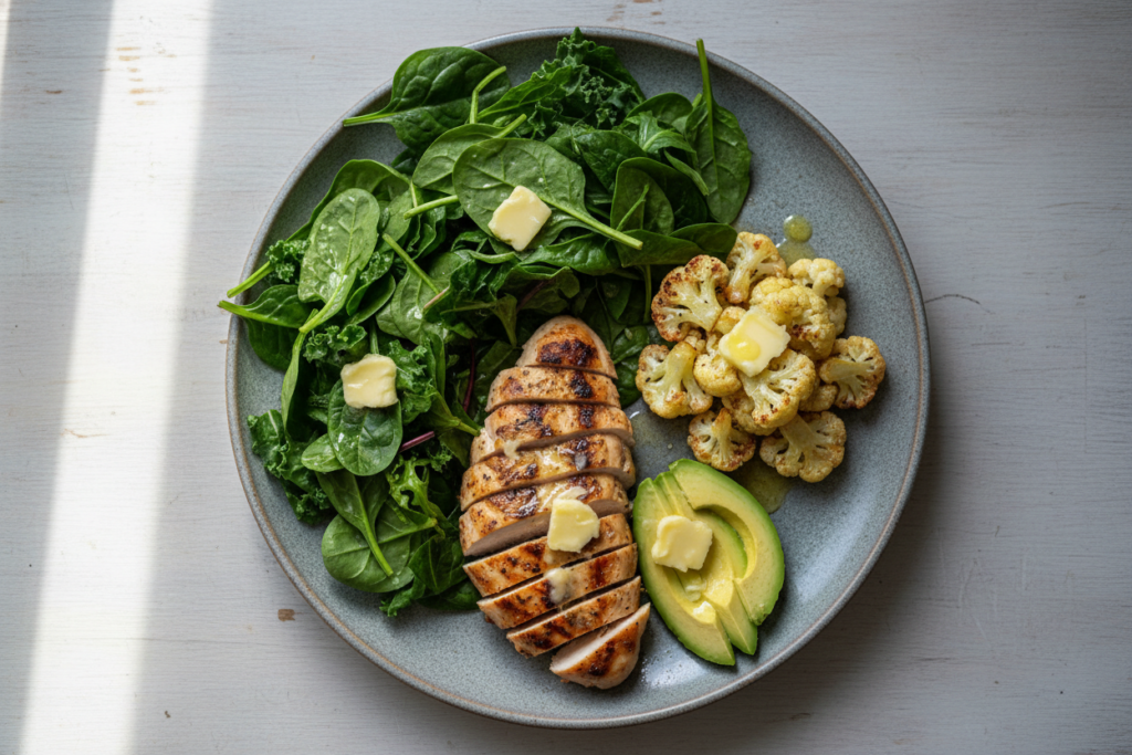 balanced keto plate with protein portion and vegetables