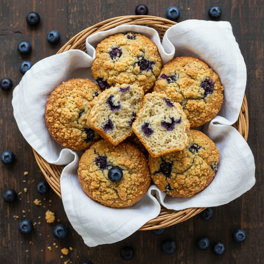 basket of golden vegan blueberry muffins with visible berries and crumb topping