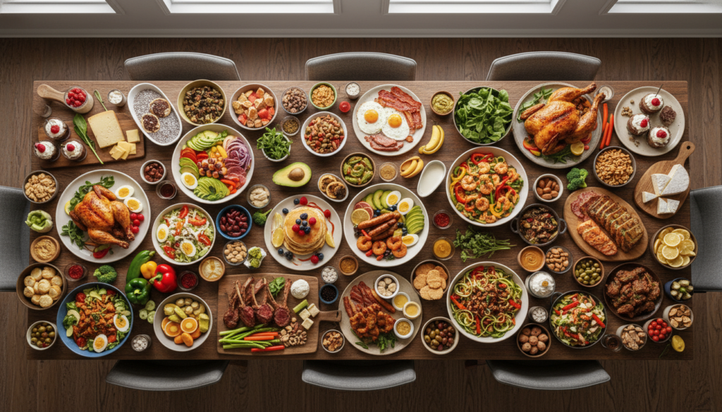 beautiful spread of various keto meals showing diversity of diet