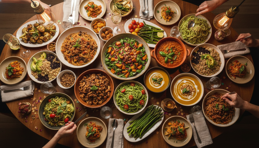 beautiful spread of various vegan dinner dishes on dinner table ready to enjoy
