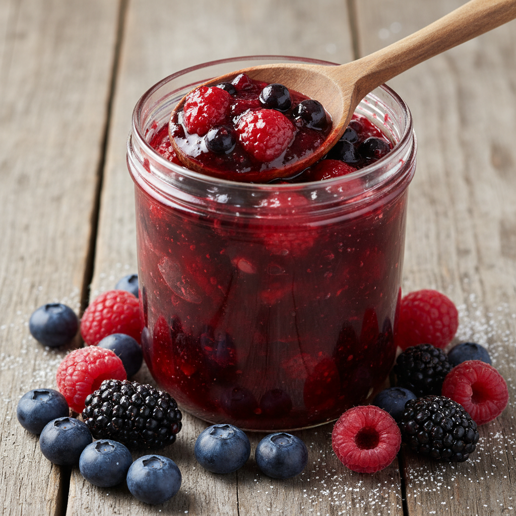 berry compote in glass jar with spoon