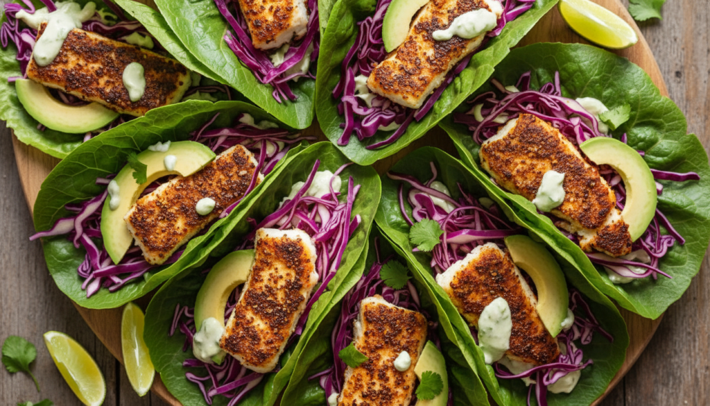 blackened fish tacos in lettuce wraps with purple cabbage slaw
