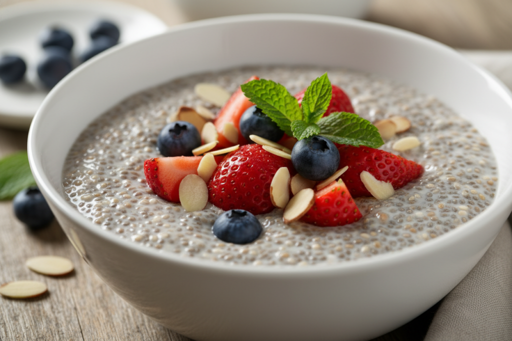 bowl of chia seed porridge topped with fresh berries and nuts without added sugar bowl of chia seed porridge topped with fresh berries and nuts without added sugar