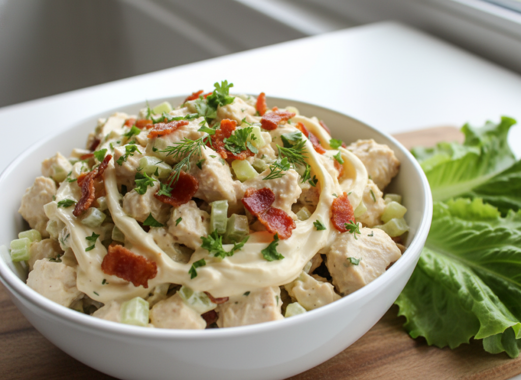 bowl of chicken salad mixed with bacon, celery, and creamy dressing