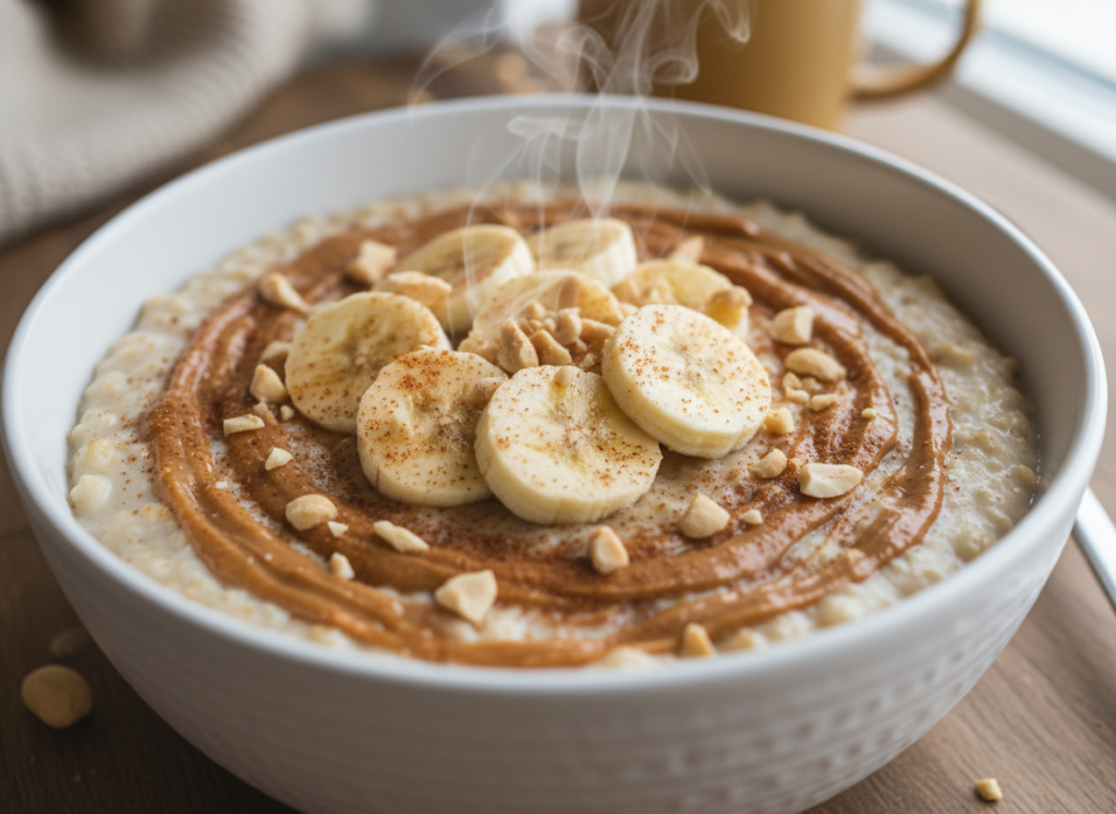 bowl of creamy oatmeal swirled with peanut butter and topped with banana slices and cinnamon bowl of creamy oatmeal swirled with peanut butter and topped with banana slices and cinnamon