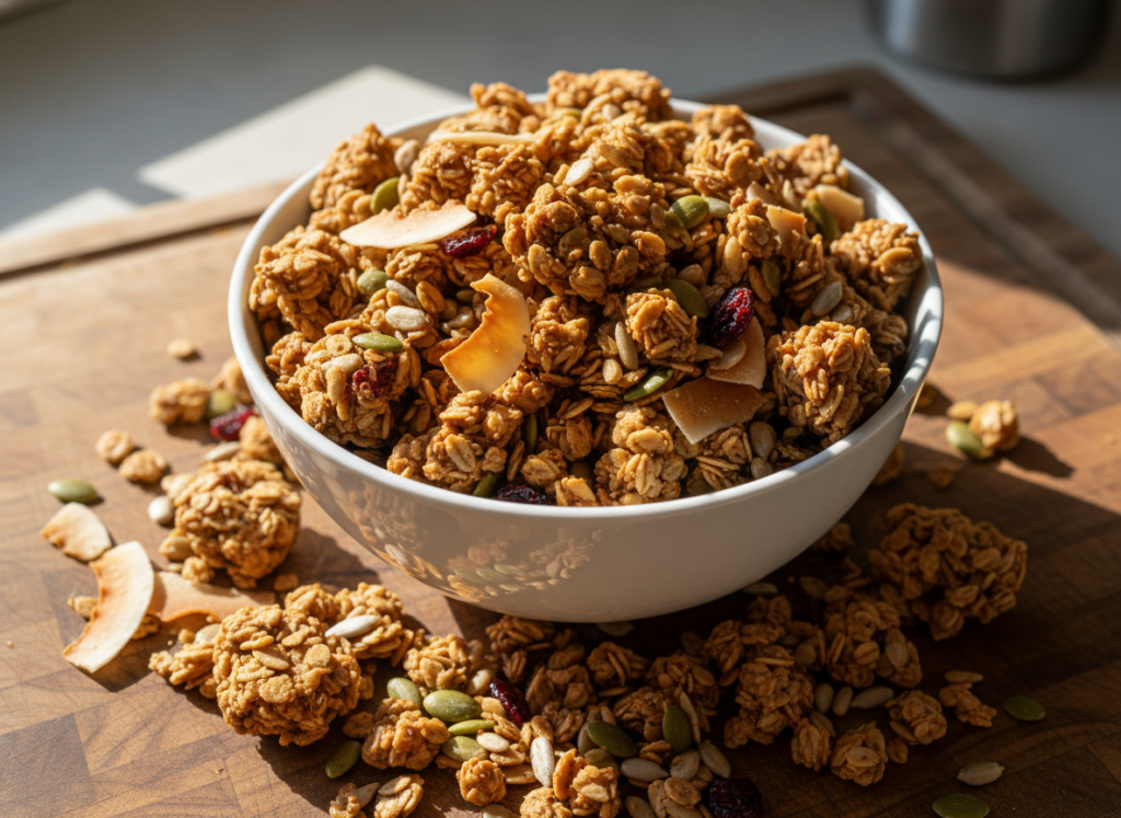 bowl of homemade nut-free granola with seeds and dried fruit