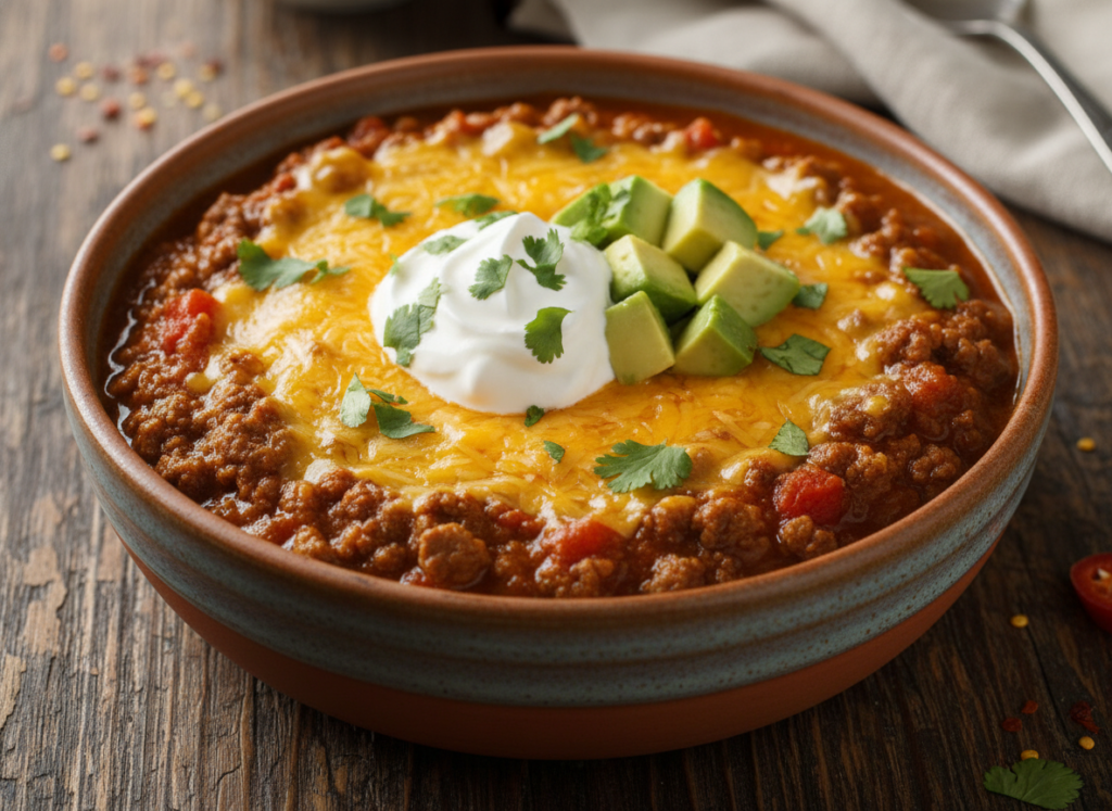 bowl of keto chili topped with cheese and sour cream bowl of keto chili topped with cheese and sour cream