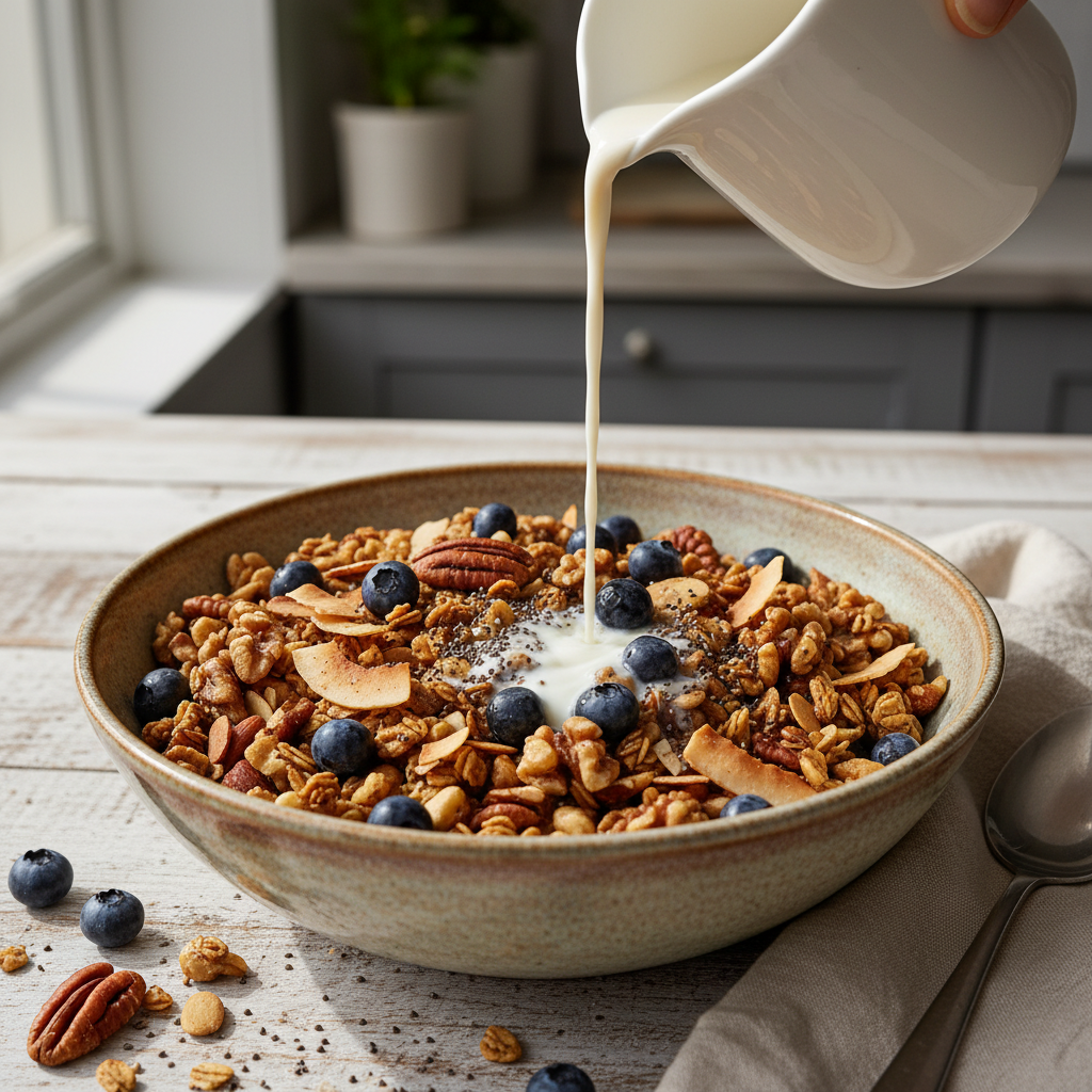 bowl of keto granola with almond milk