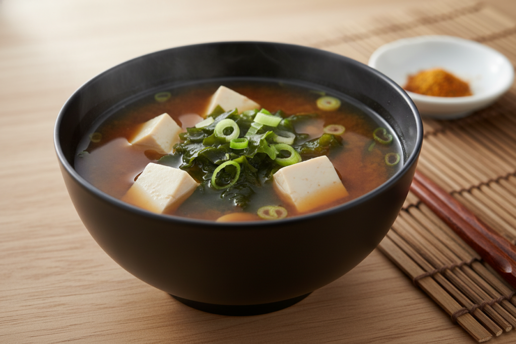 bowl of miso soup with tofu cubes, wakame seaweed, and green onions bowl of miso soup with tofu cubes, wakame seaweed, and green onions