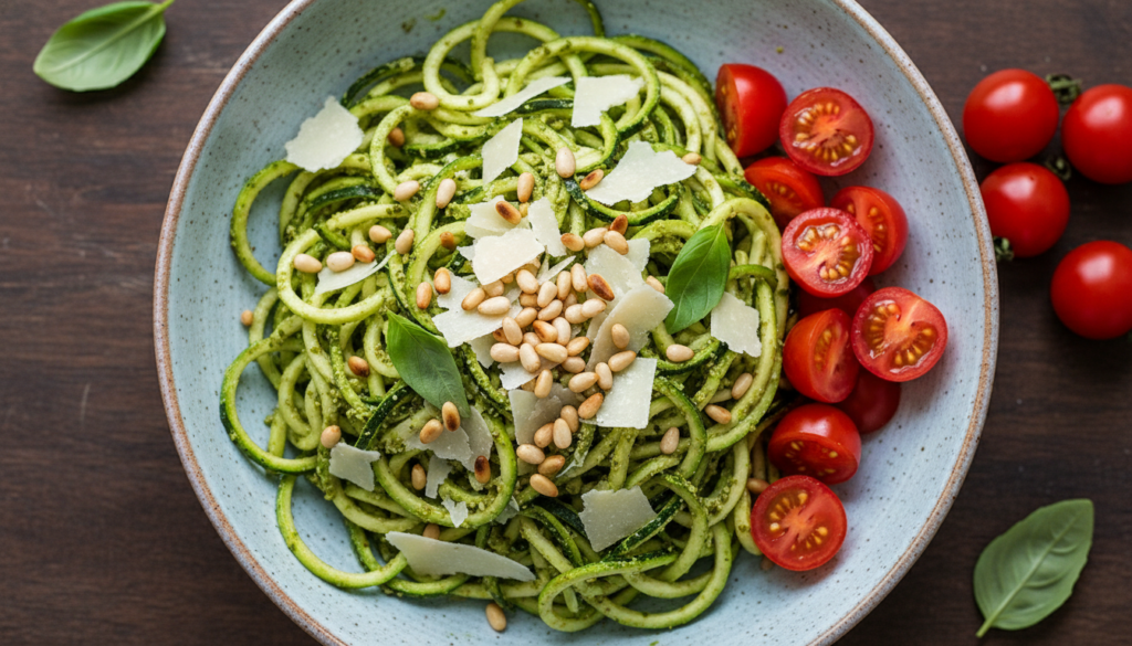 bowl of spiralized zucchini noodles tossed with green pesto sauce