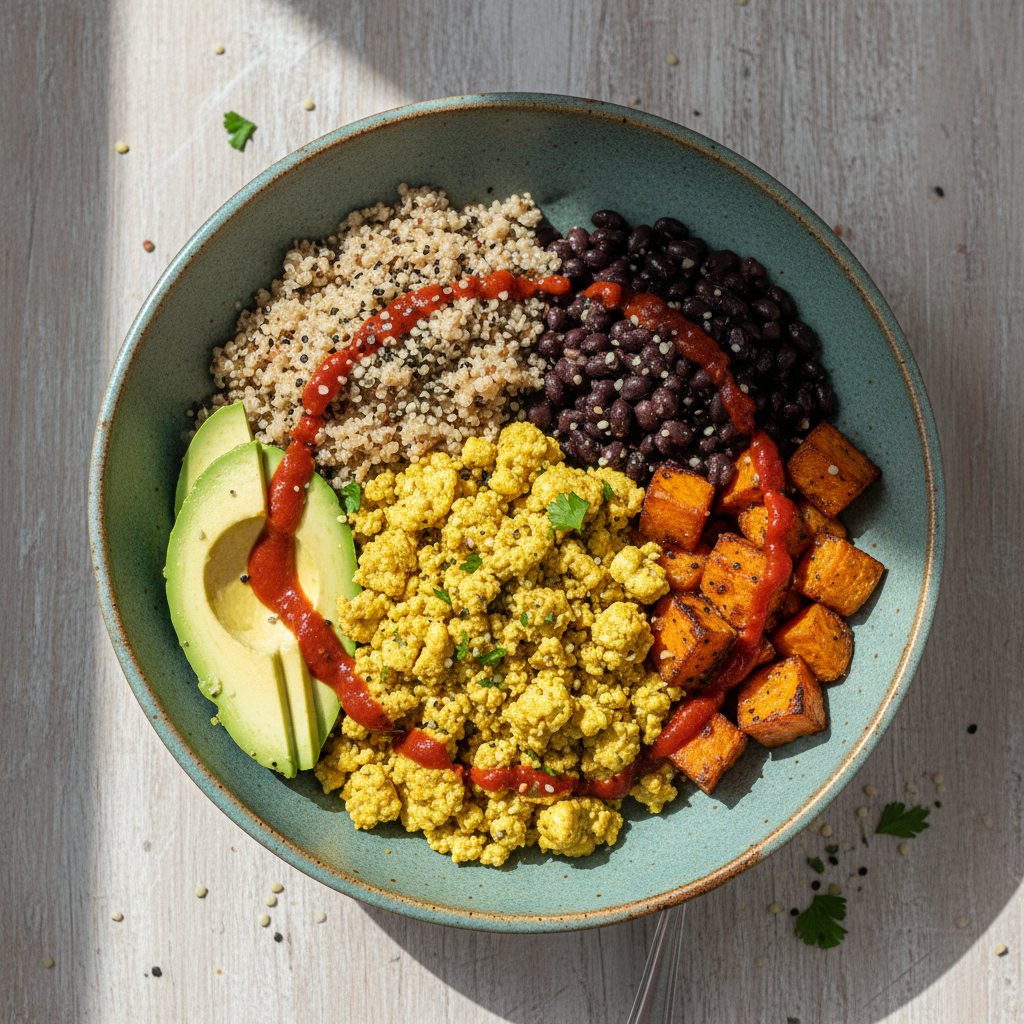 breakfast bowl with seasoned tofu scramble, quinoa, beans, and avocado breakfast bowl with seasoned tofu scramble, quinoa, beans, and avocado