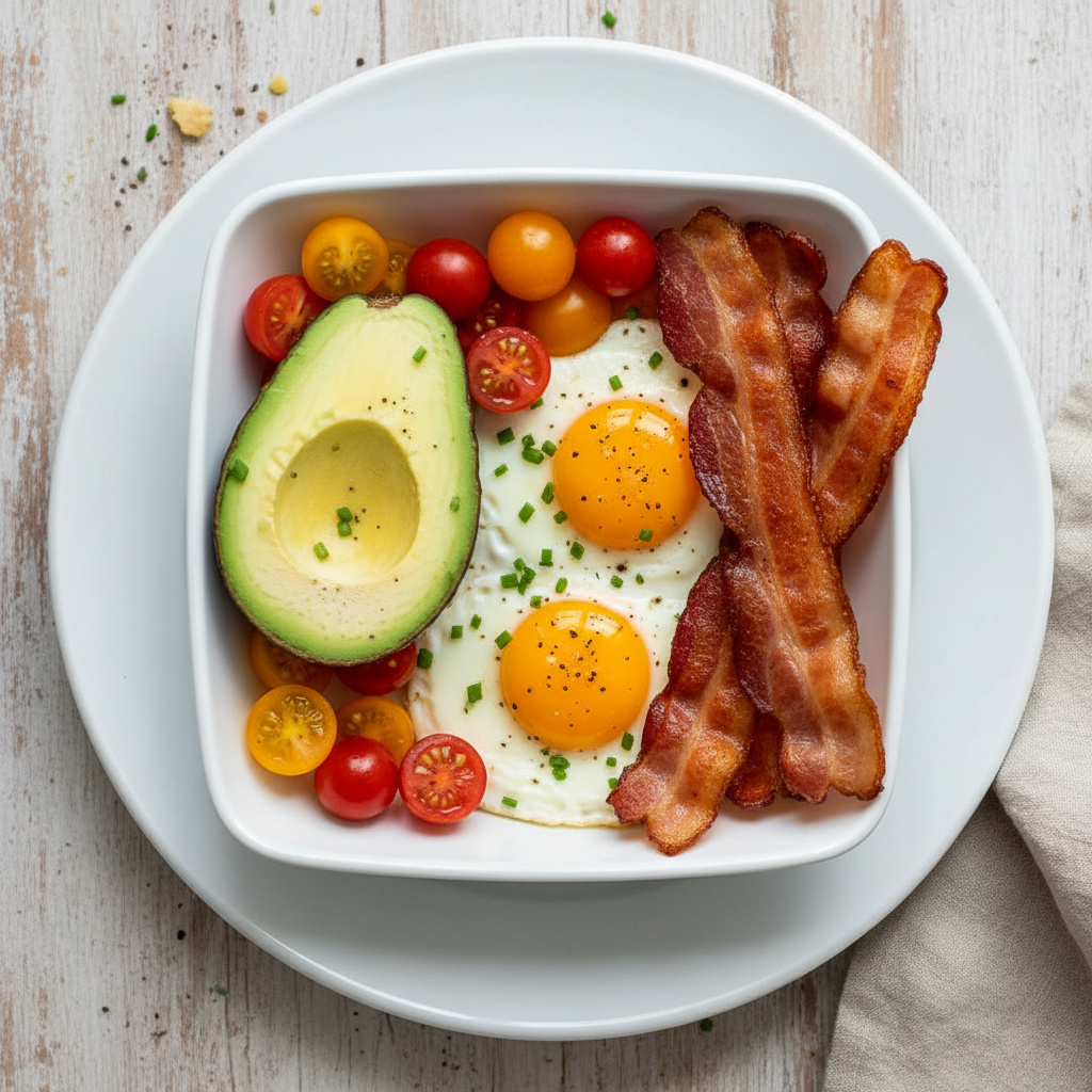 breakfast bowl with sliced avocado, eggs, and bacon on a white plate
