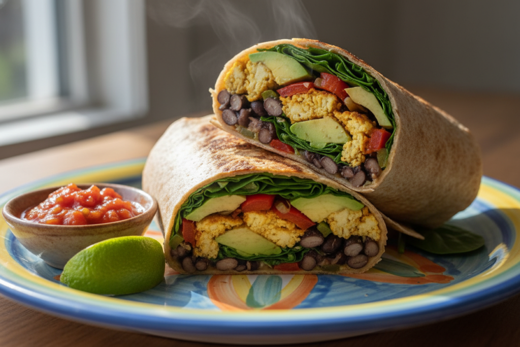 breakfast burrito filled with tofu scramble, beans, and vegetables wrapped in a whole wheat tortilla breakfast burrito filled with tofu scramble, beans, and vegetables wrapped in a whole wheat tortilla