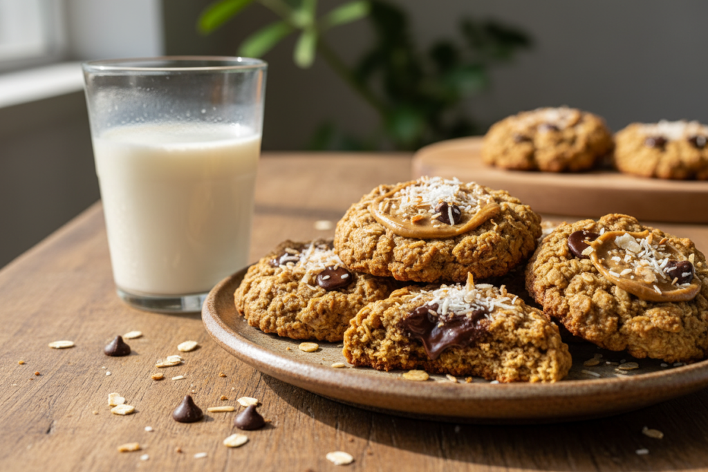 breakfast cookies made with almond butter, oats, and chocolate chips on a plate breakfast cookies made with almond butter, oats, and chocolate chips on a plate
