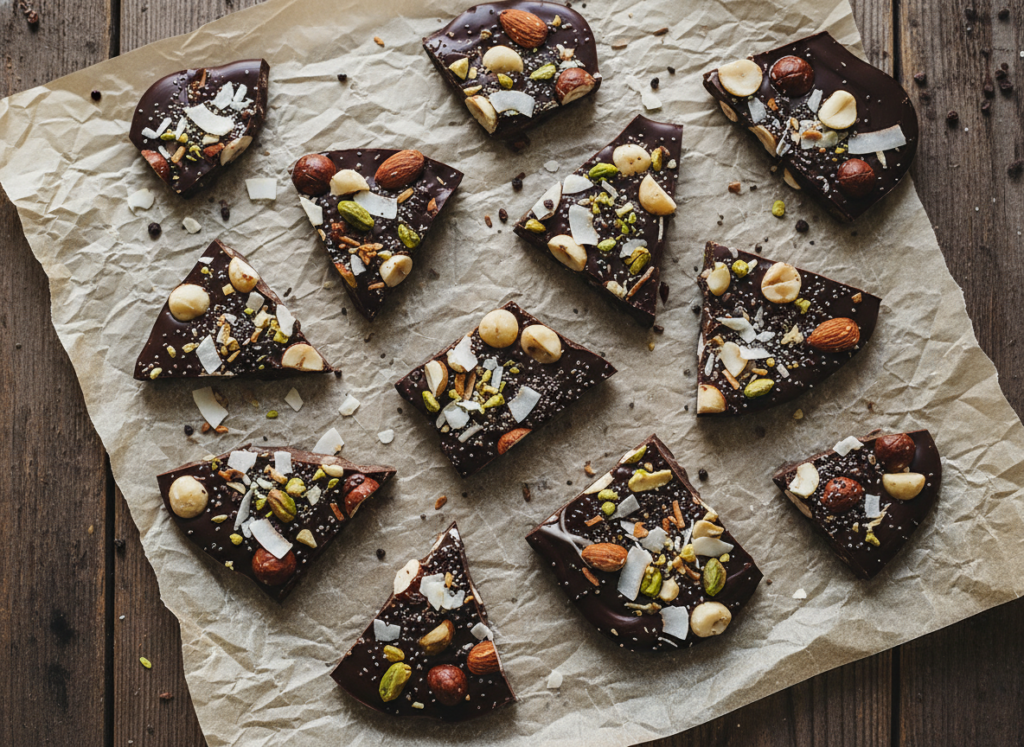 broken pieces of keto chocolate bark with toppings