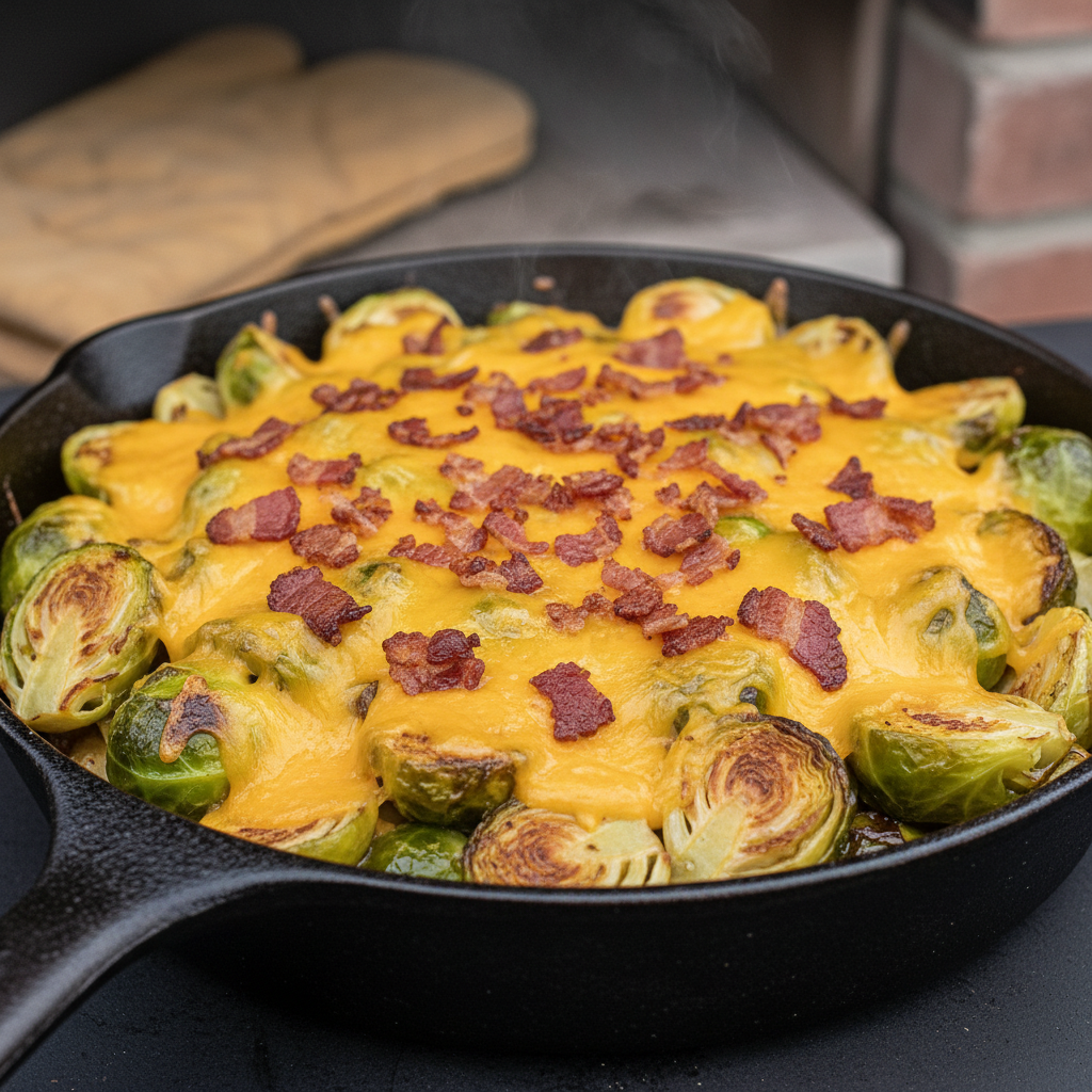brussels sprouts with melted cheese and crispy bacon pieces