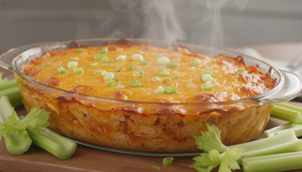 buffalo chicken casserole with melted cheese and green onions