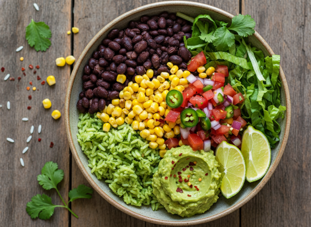 burrito bowl with black beans and vegetables burrito bowl with black beans and vegetables