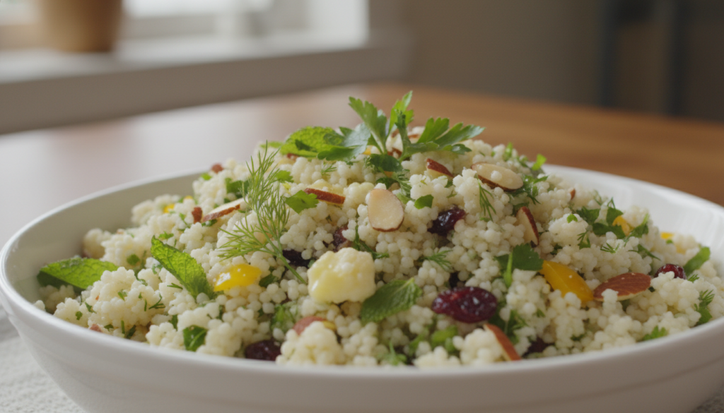 cauliflower rice pilaf with herbs in a white serving bowl