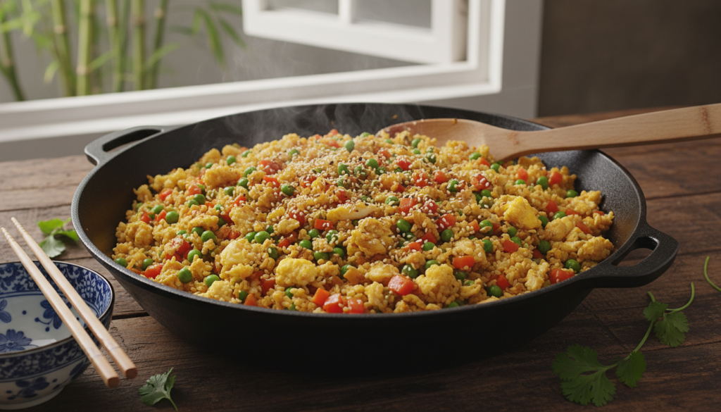 cauliflower rice stir-fried with vegetables and eggs in a wok
